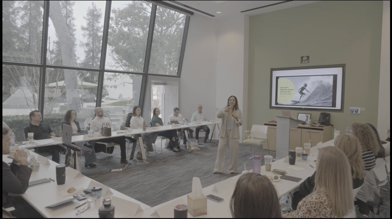 Eileen leading a Quantum Potential workshop with the adaptive mind slide on screen.